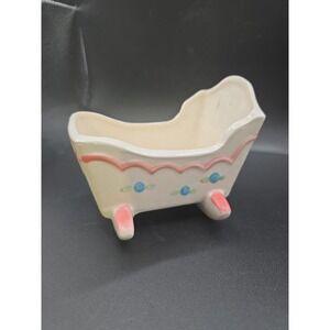 Vintage Pink/White Napco Baby Girl Ceramic Cradle planter Japan